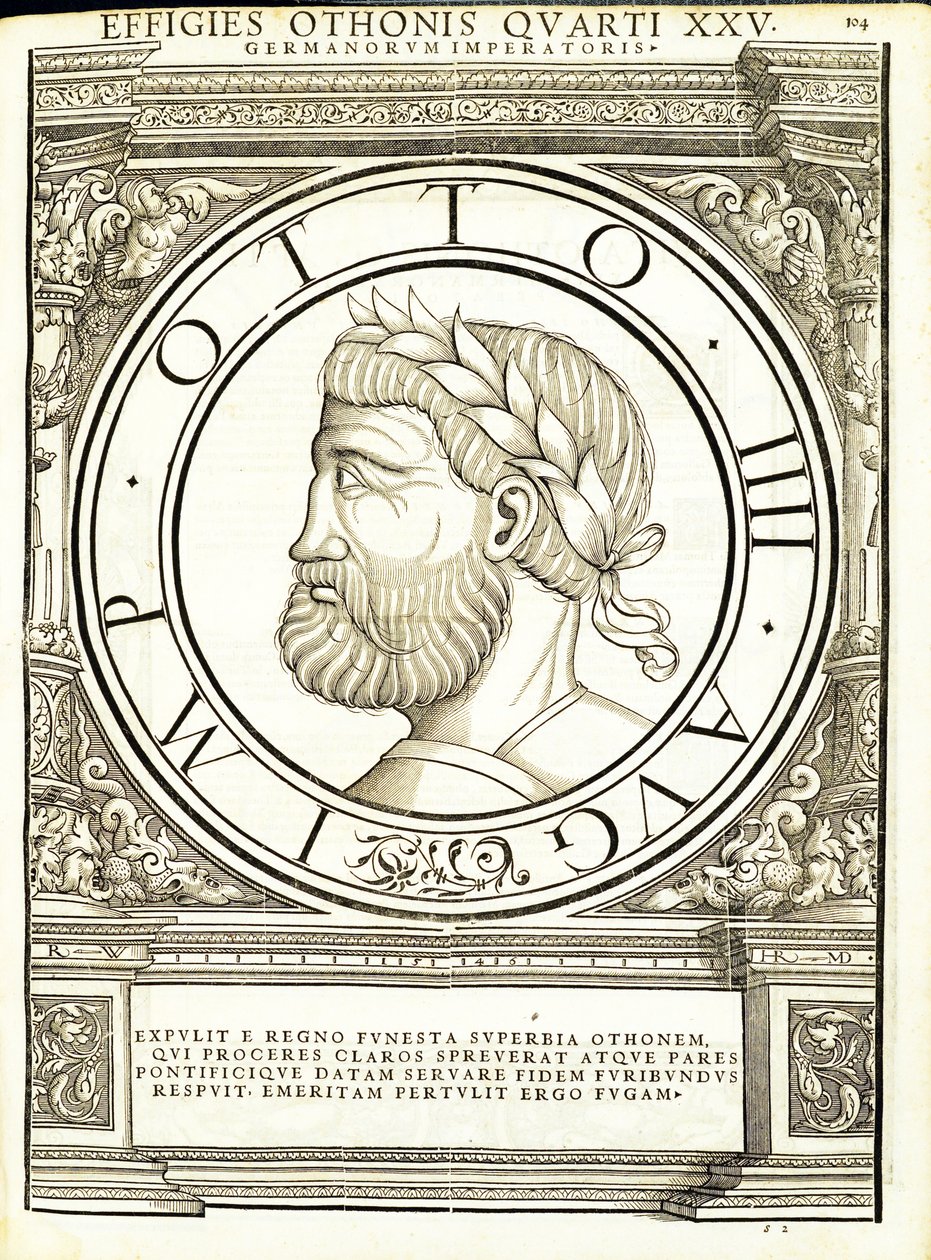 Otho IIII, ilustración de Imperatorum romanorum omnium orientalium et occidentalium verissimae imagines ex antiquis numismatis de Hans Rudolf Manuel Deutsch