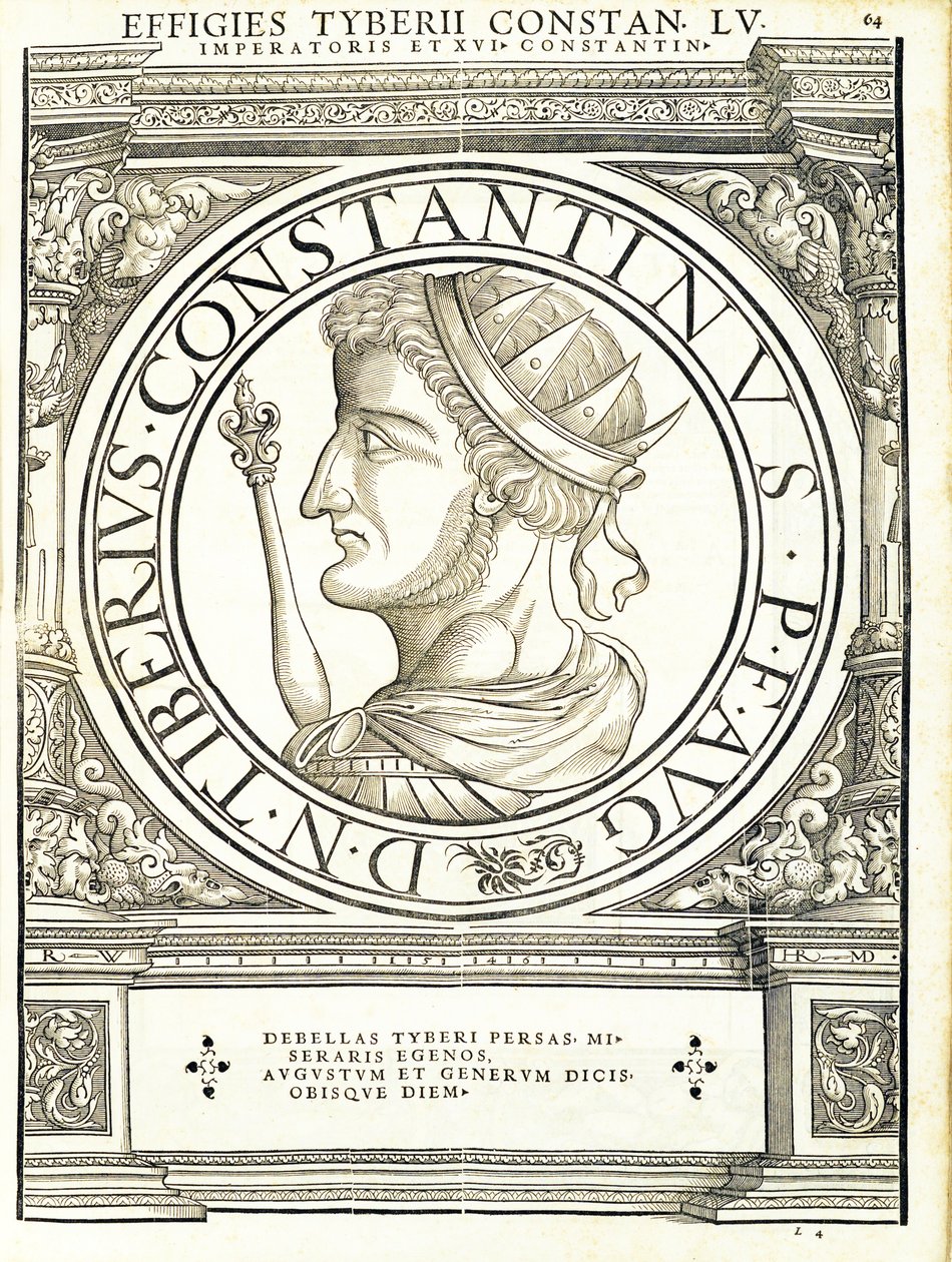 Tyberius Constantinus, ilustración de Imperatorum romanorum omnium orientalium et occidentalium verissimae imagines ex antiquis numismatis de Hans Rudolf Manuel Deutsch