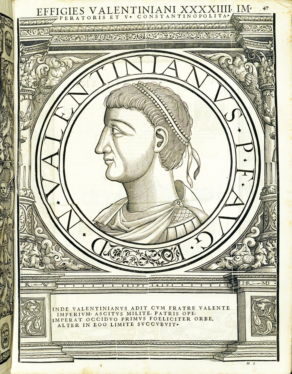 Valentiniano, ilustración de Imperatorum romanorum omnium orientalium et occidentalium verissimae imagines ex antiquis numismatis de Hans Rudolf Manuel Deutsch