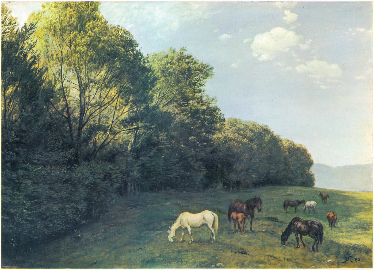 Paisaje con caballos pastando de Hans Thoma