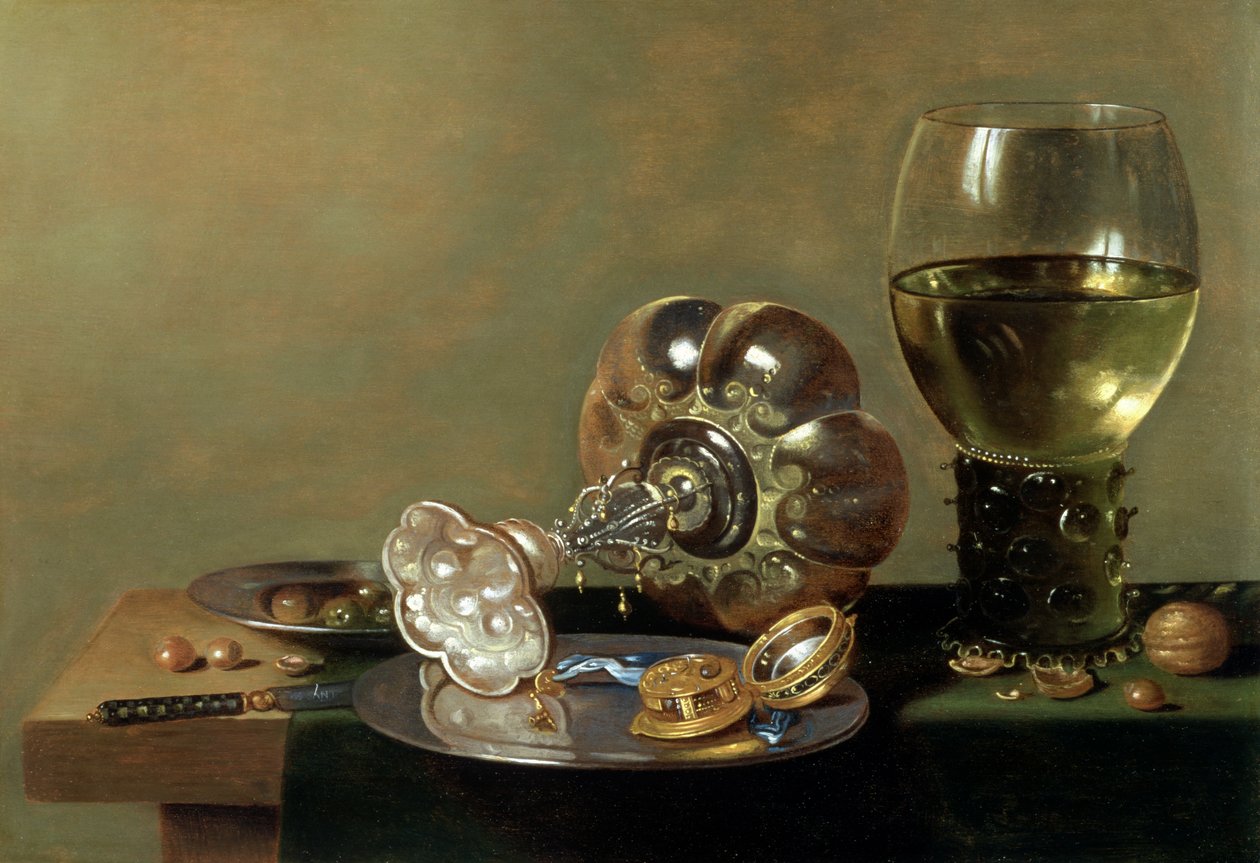 Naturaleza muerta con copa de vino, tazza y un plato de peltre de Hans van Sant