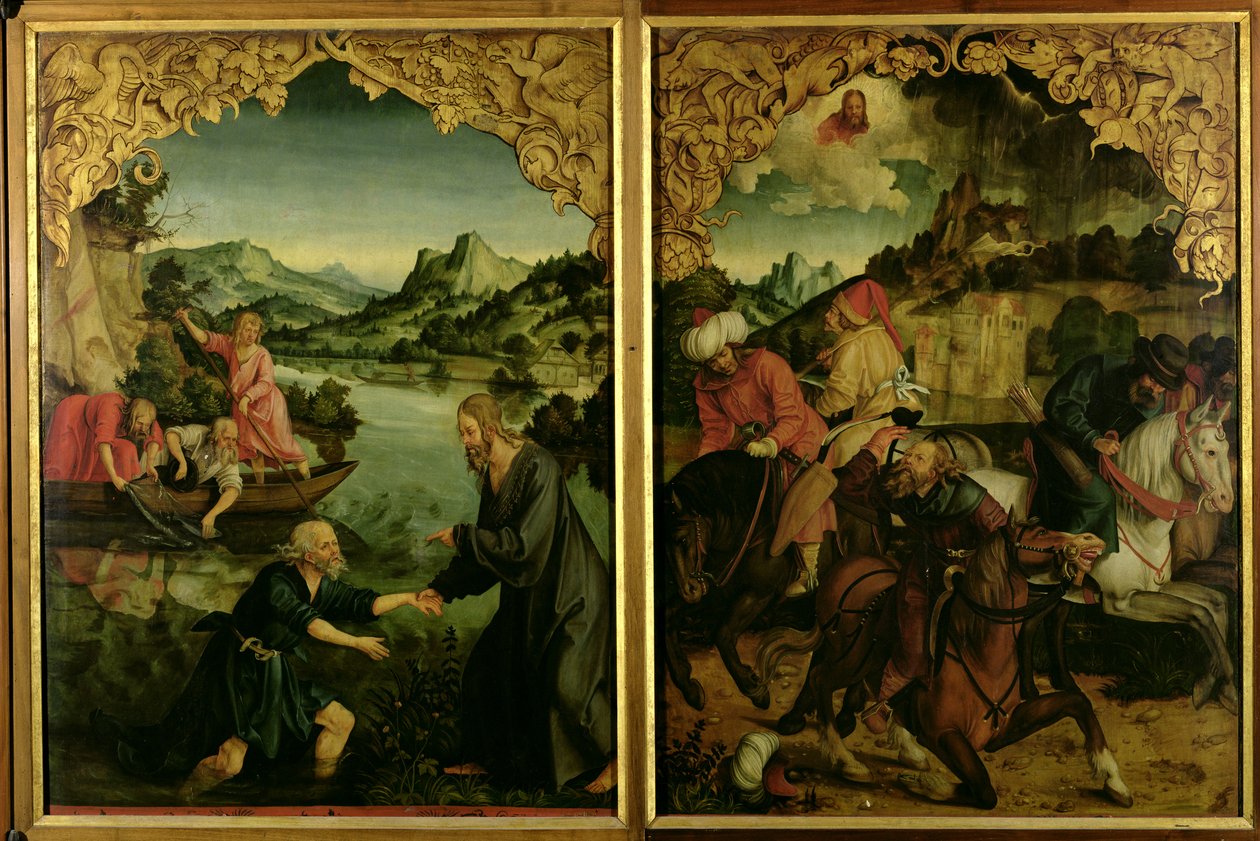 Historias de los santos Pedro y Pablo: detalle mostrando la vocación de San Pedro y la conversión de San Pablo (detalle) de Hans von Klumbach