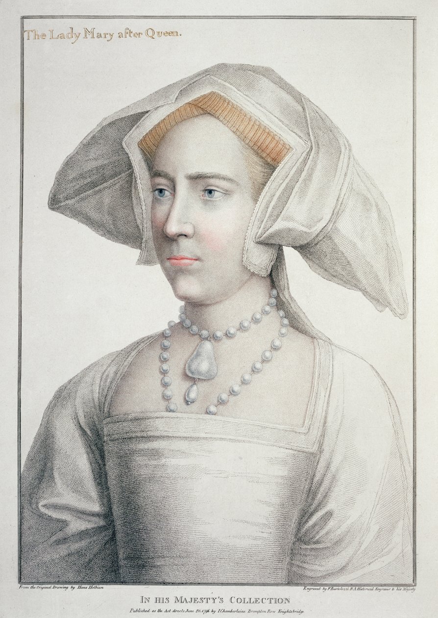 Retrato de Lady Mary después de la Reina (1516-58) grabado por Francesco Bartolozzi (1727-1815) 1796 de Hans (after) Holbein the Younger