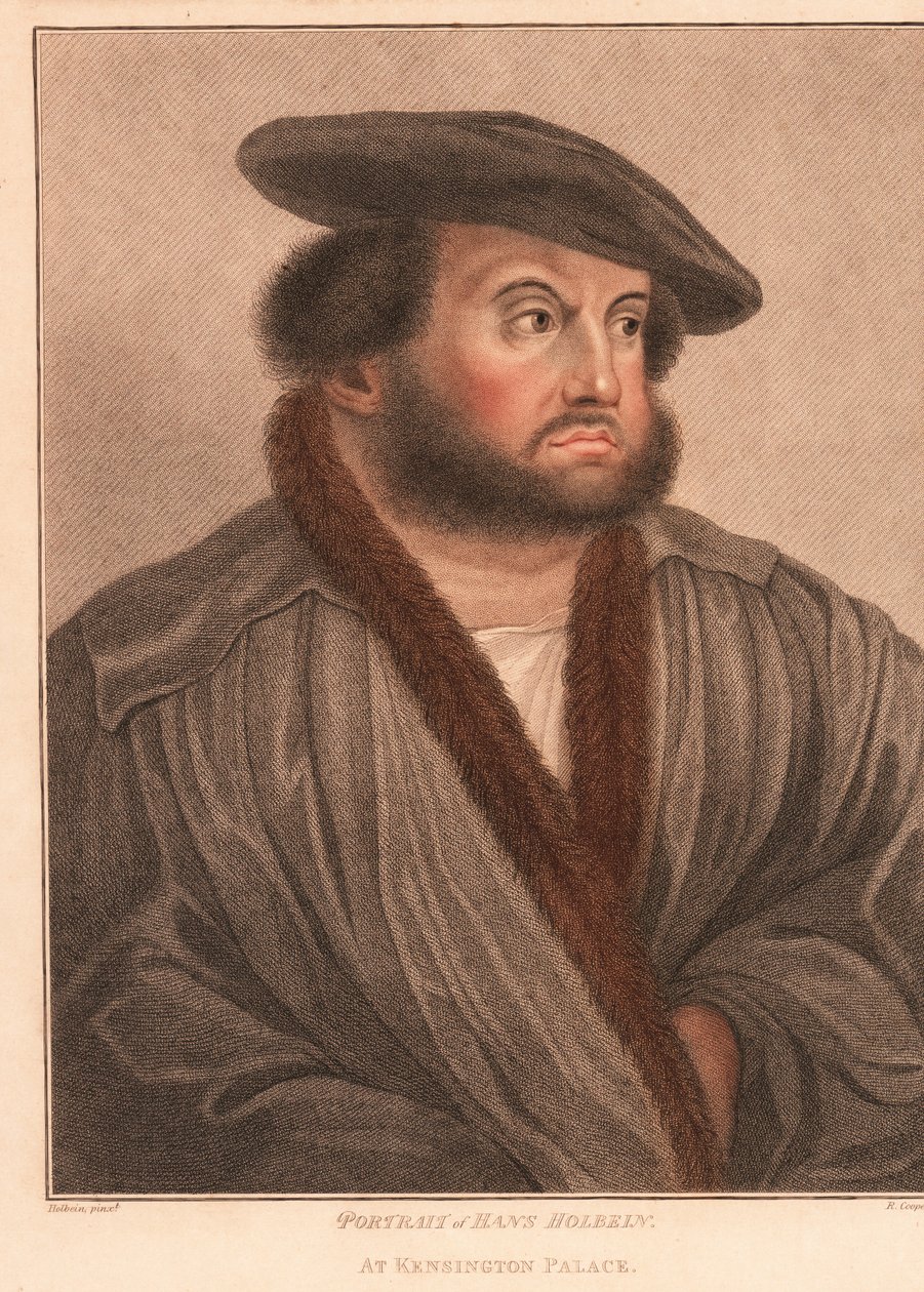 Autorretrato del artista Hans Holbein en el palacio de Kensington. ,1812 (grabado) de Hans (after) Holbein the Younger