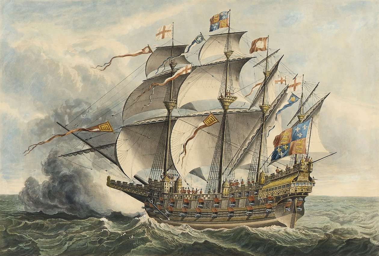 El Gran Harry El primer buque de guerra que llevaba cañones, construido en Woolwich en el reinado de Enrique VIII de Hans (after) Holbein the Younger