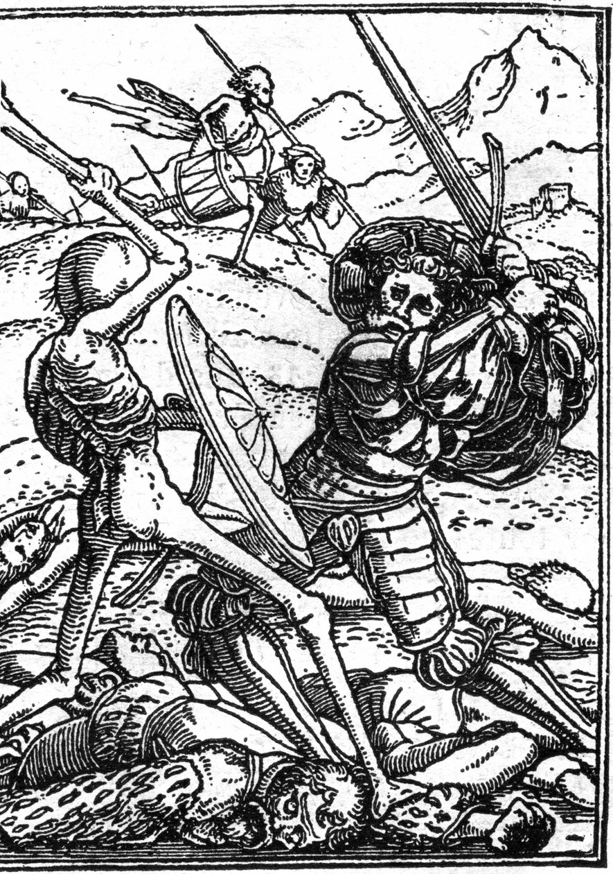 La muerte simulada de Hans Holbein el Joven (1497-1543): el soldado. Un soldado lucha contra la Muerte; a sus pies yacen los cuerpos de otros guerreros. Grabado de Hans (after) Holbein the Younger