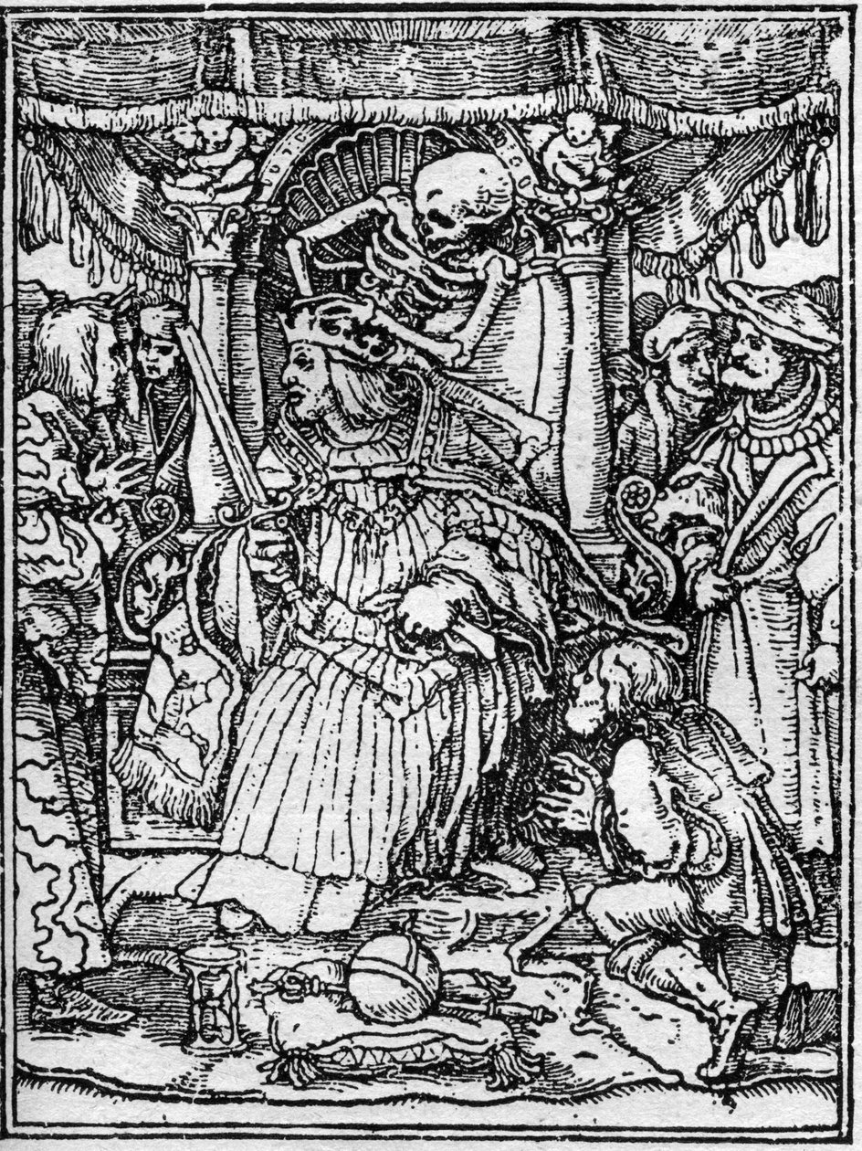Las simulaciones de la muerte de Hans Holbein el Joven (1497-1543): el emperador. Mientras la Muerte le quita la corona al emperador, un campesino le ruega justicia. Grabado de Hans (after) Holbein the Younger