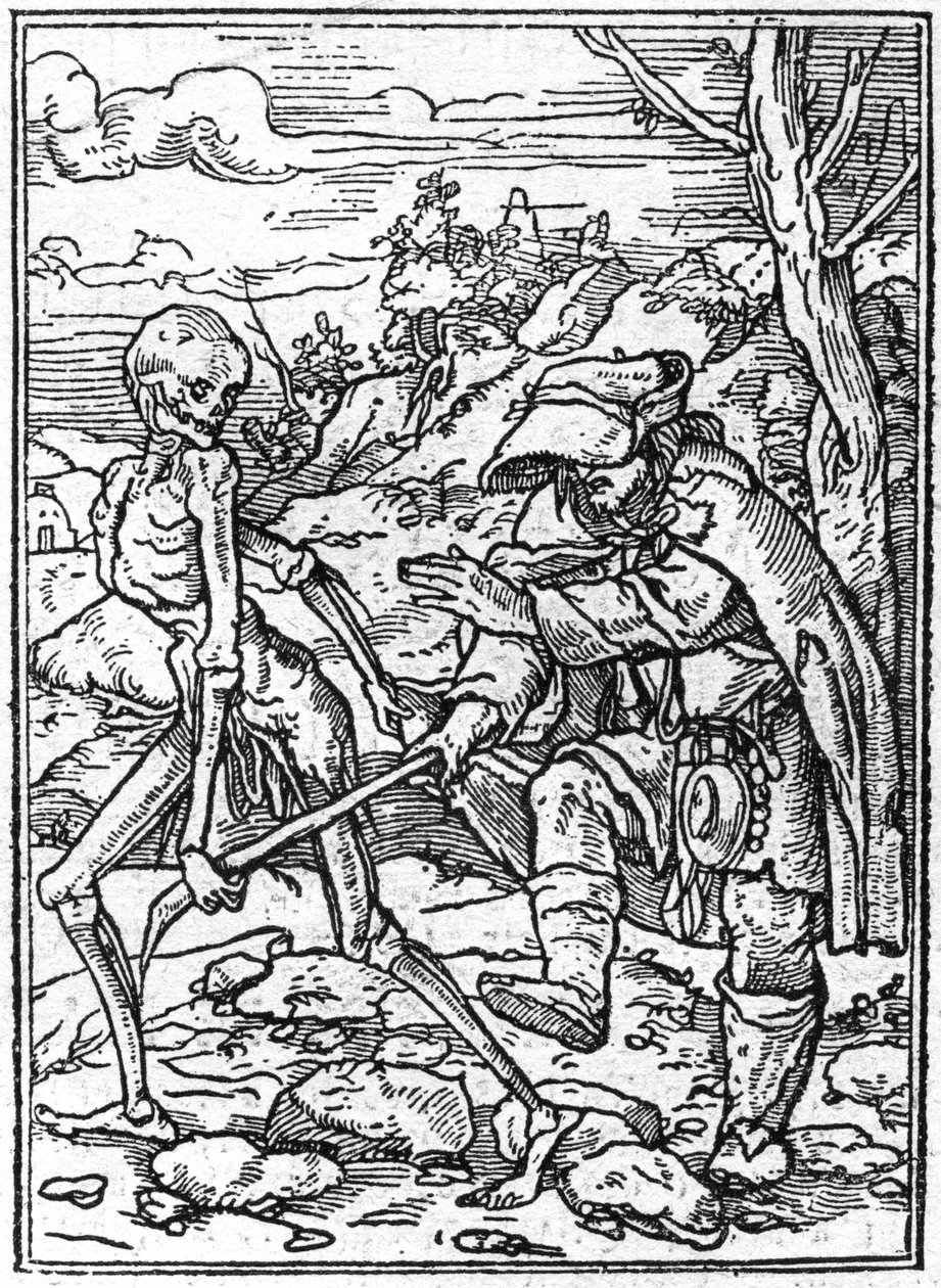 Las simulaciones de la muerte de Hans Holbein el Joven (1497-1543): el ciego. La muerte agarra el bastón del ciego y actúa como guía. Grabado de Hans (after) Holbein the Younger
