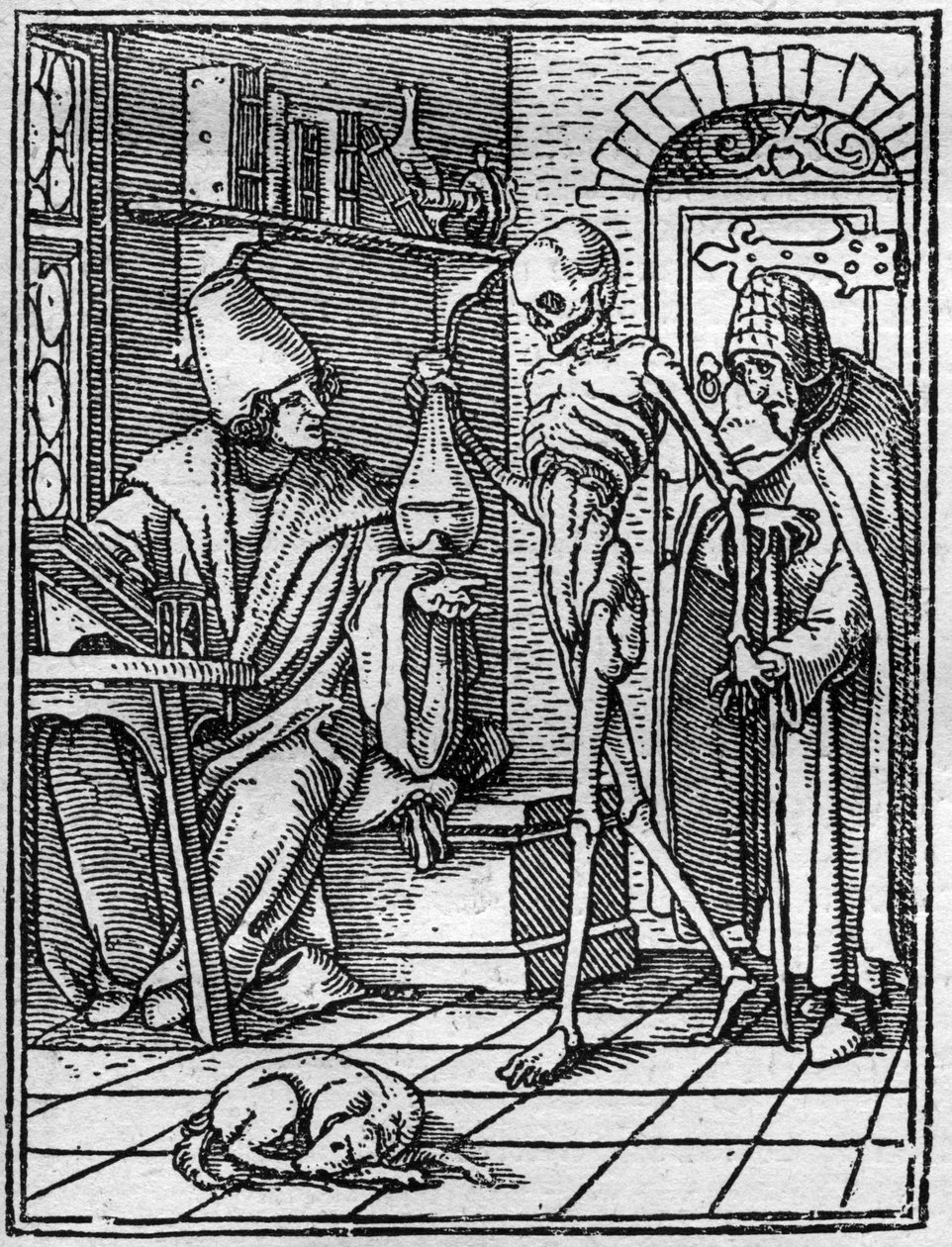 Las simulaciones de la muerte de Hans Holbein el Joven (1497-1543): el doctor. La Muerte se interpone entre el doctor y su paciente. Grabado de Hans (after) Holbein the Younger
