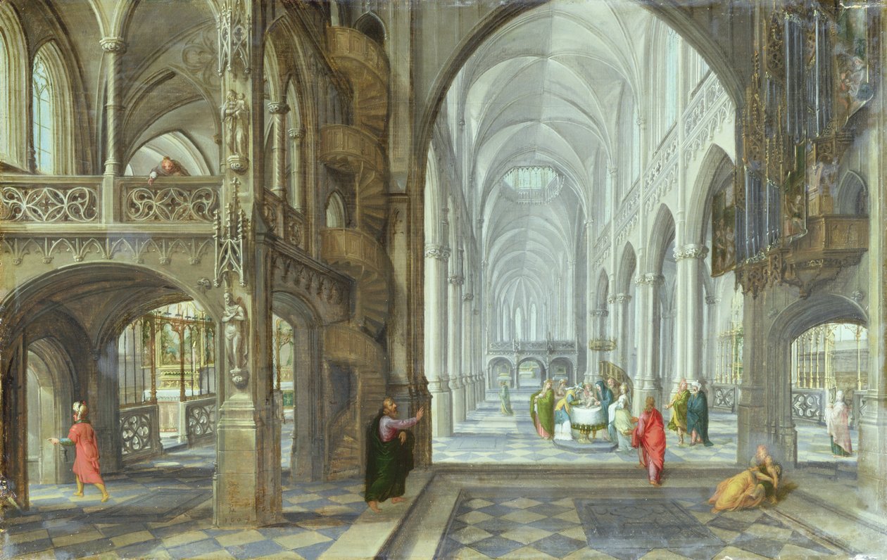 El interior de una iglesia gótica con la circuncisión de Cristo en el pasillo principal, c.1600 de Hans (after) Vredeman de Vries