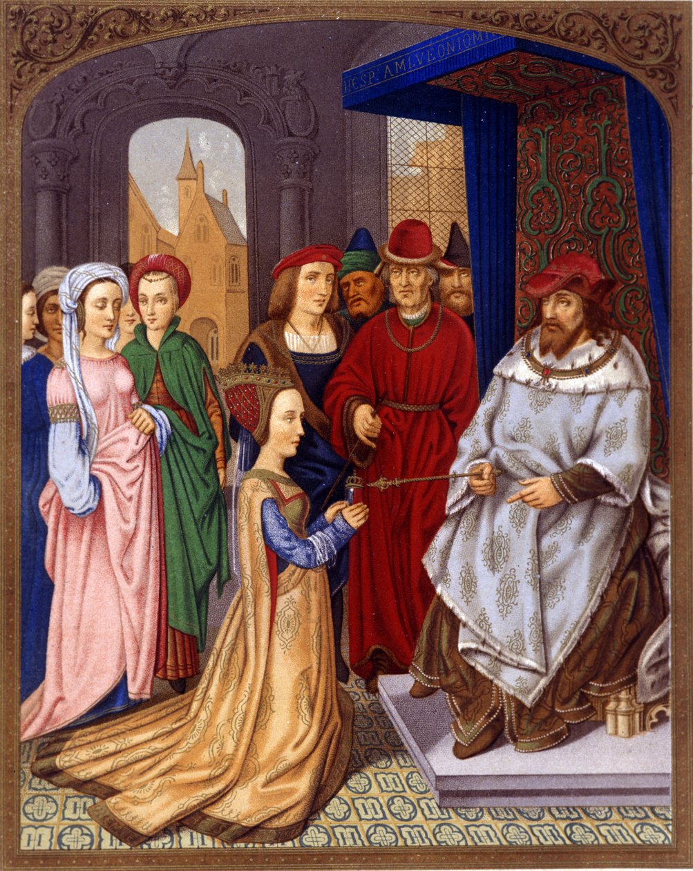 La Reina de Saba ante Salomón - Miniatura del breviario del Cardenal Grimani atribuida a Memling, Biblioteca Marciana, Venecia. Siglo XV de Hans (attr.to) Memling