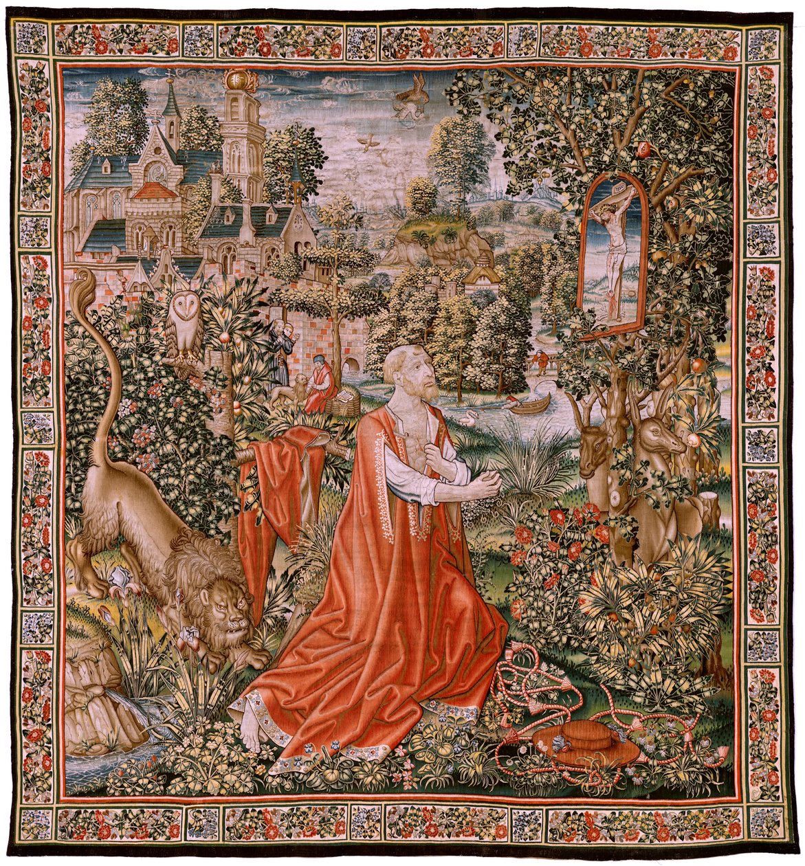 Tapiz flamenco. San Penitente Jerome, o San Juan. San Jerónimo en el Desierto (San Jerónimo Penitenciario, o San Jerónimo en el Desierto). Modelos Caricatura atribuida al círculo de Hans Memling (c. 1433-1493) o Gerard David (c. 1450-1523). Fabricante Desc de Hans (school of) Memling