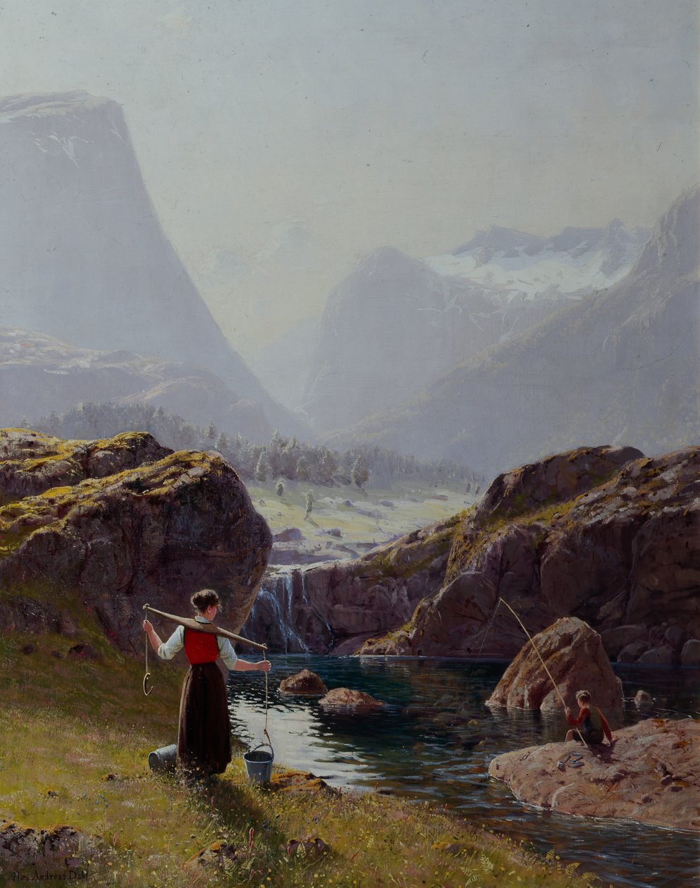 Niña con baldes de agua y niño pescando (óleo sobre lienzo) de Hans Andreas Dahl