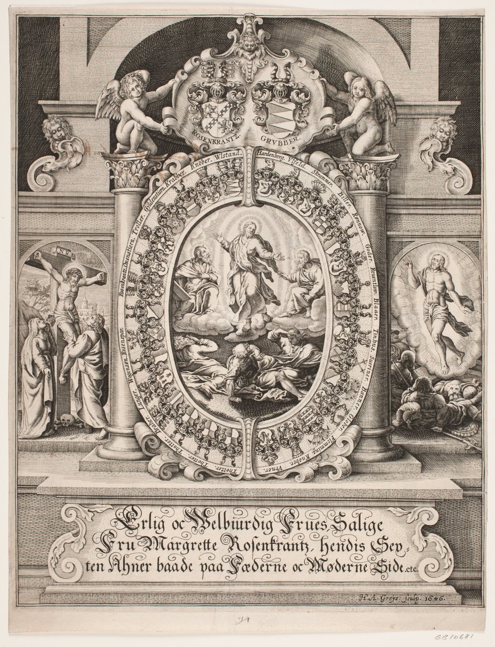 La transfiguración de Cristo. Rodeado por los escudos de armas de Margrethe Rosenkrantz de Hans Andreas Greys