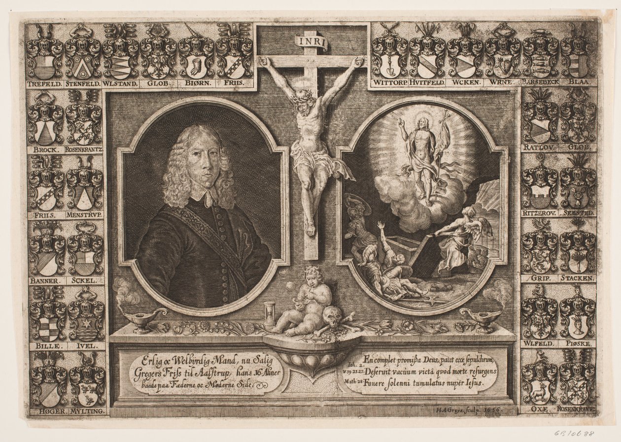 Gregers Friis til Ålstrup y Cristo en la cruz y la resurrección de Cristo. Rodeado de escudos de armas de Hans Andreas Greys
