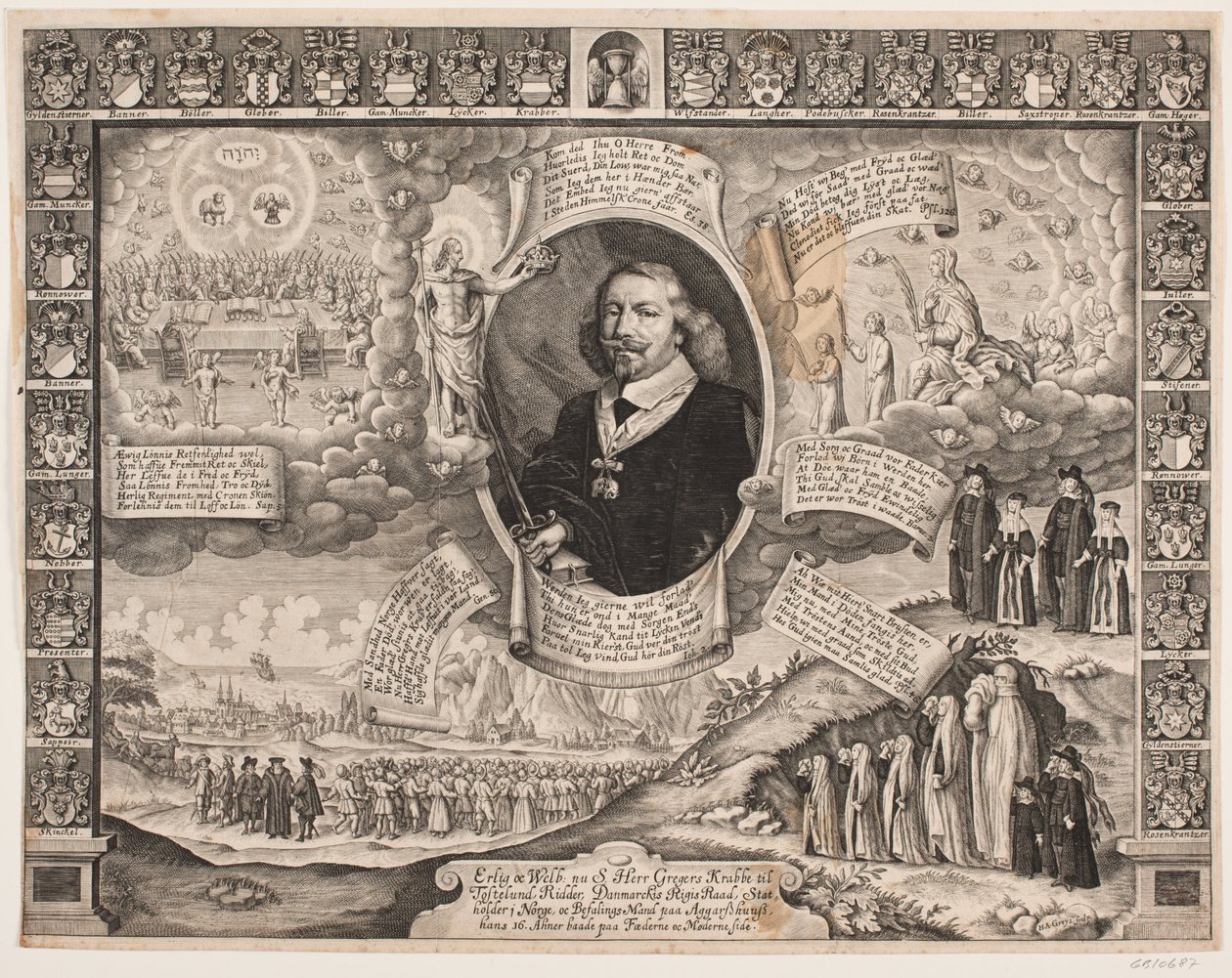 Gregers Krabbe de Torstedlund rodeado de representaciones alegóricas y escudos de armas de Hans Andreas Greys