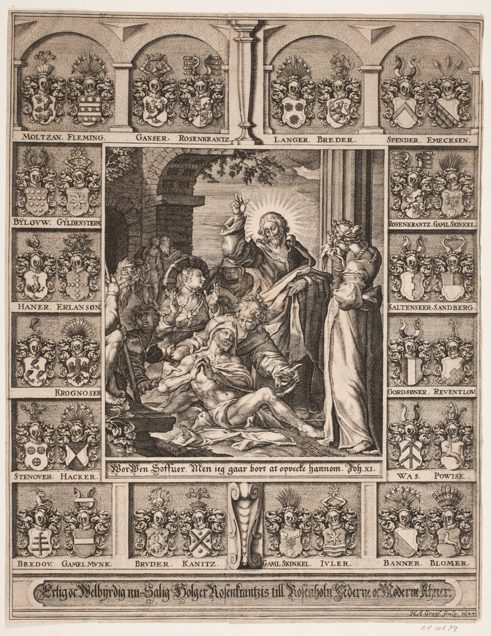 La resurrección de Lázaro. Rodeado de los escudos de armas de Holger Rosenkrantz de Hans Andreas Greys