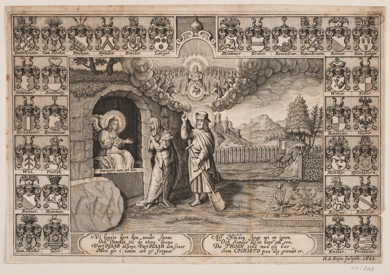 Portada para sermón fúnebre sobre Ida Langs con representación de Cristo como jardinero y María Magdalena de Hans Andreas Greys