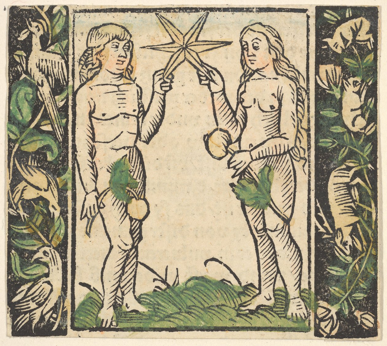 Adán y Eva Sosteniendo una Estrella, ilustración de Beschlossen Gart des Rosenkranz Mariae de Hans Baldung