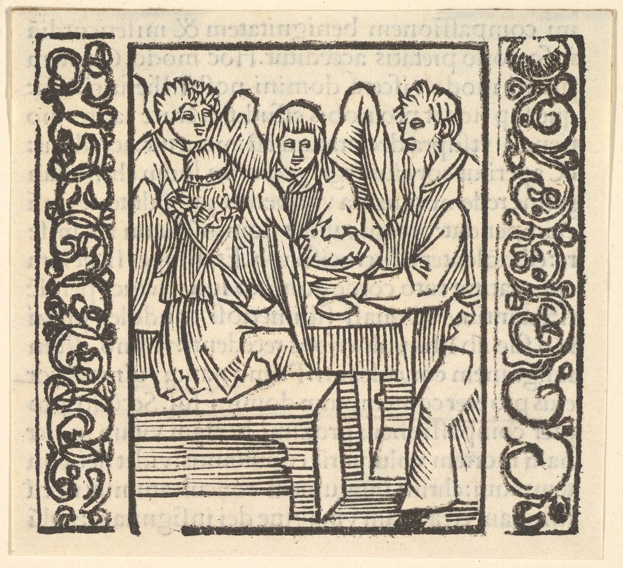 Ángeles servidos en una mesa, ilustración de Speculum Passionis de Hans Baldung
