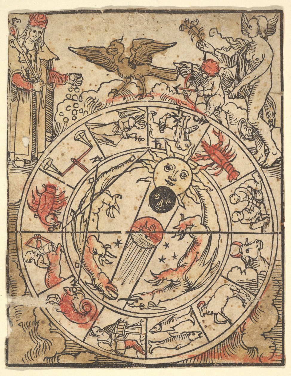 Carta de los signos del zodiaco con Venus, Cupido y un santo obispo de Hans Baldung