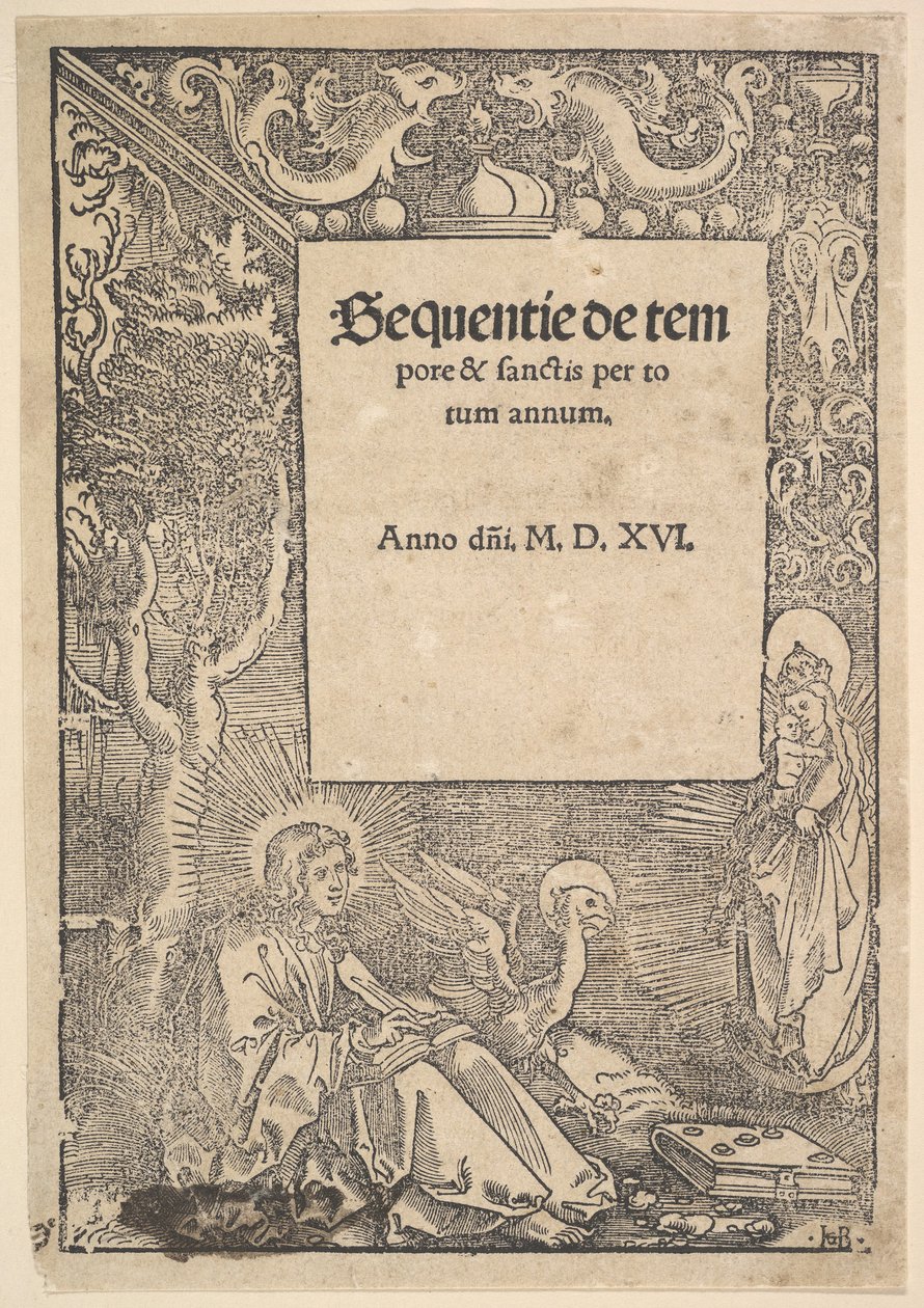 San Juan Evangelista en Patmos, página de título de Hymni de tempore et de sanctis, 1516 de Hans Baldung
