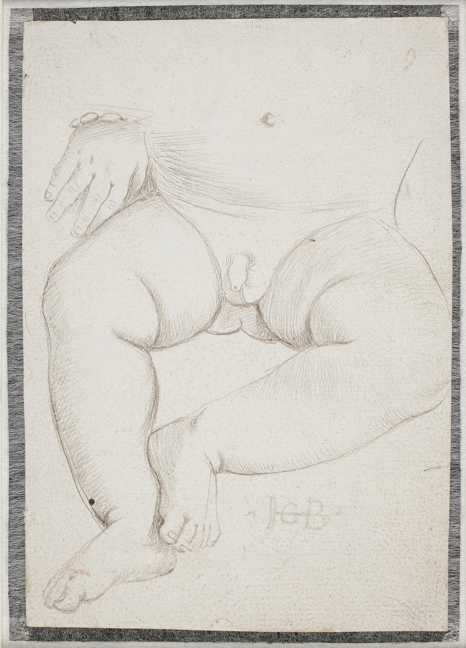 Estómago, regazo, pierna y una mano con pulsera de un niño pequeño de Hans Baldung Grien