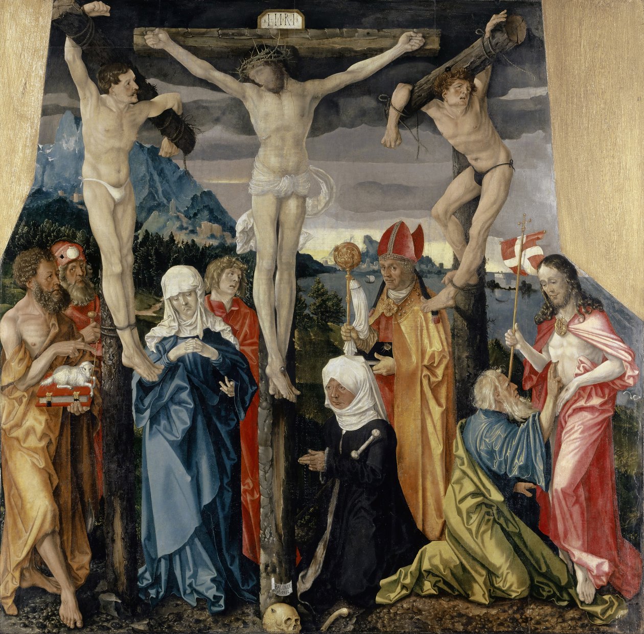 Cristo crucificado con los ladrones, santos y una donante femenina, 1512 de Hans Baldung Grien
