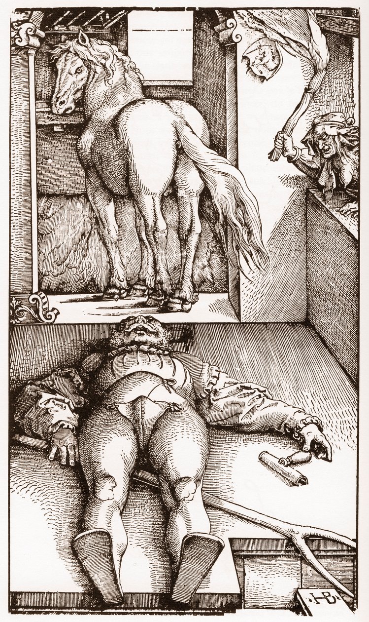 El palafrenero embrujado - (Palafrenero Durmiente y Hechicera) grabado en madera por Hans Baldung Grien (1485-1544) circa 1544 de Hans Baldung Grien