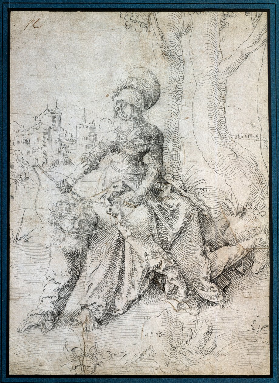 La mujer montando al hombre: Phyllis sentada en la espalda de Aristóteles que camina a cuatro patas de Hans Baldung Grien