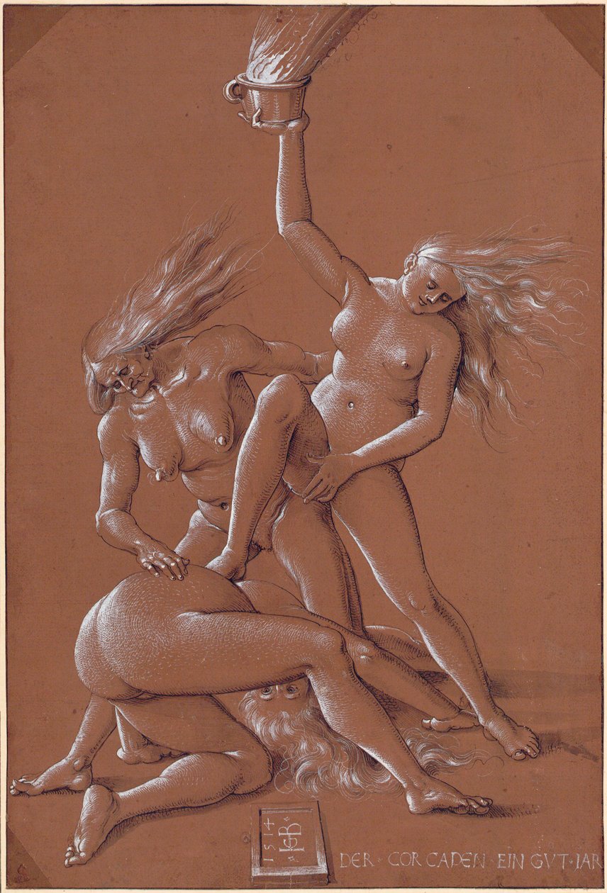 Saludo de Año Nuevo con Tres Brujas - Obra de Hans Baldung (1484-1545) tinta y tiza blanca sobre papel de Hans Baldung Grien