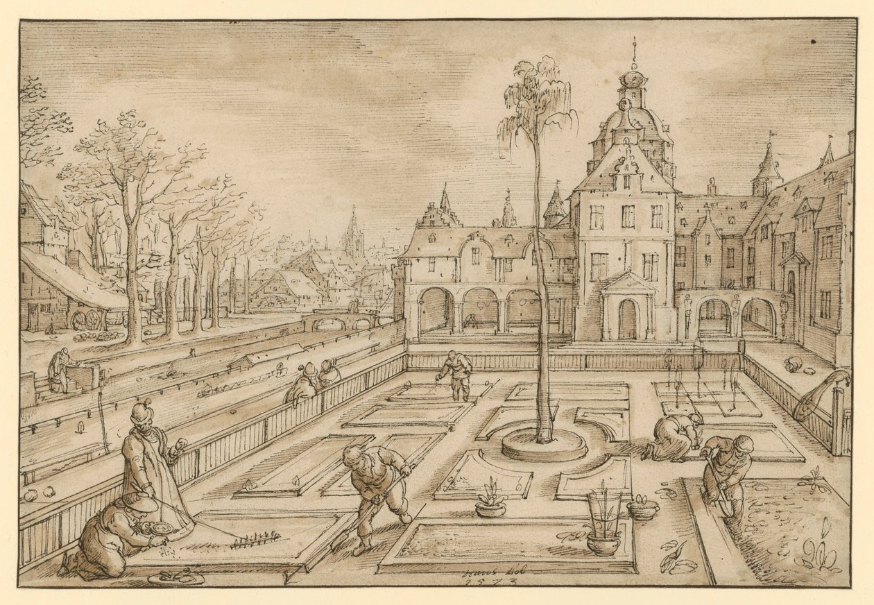 Cuidado de un jardín de castillo a comienzos de primavera, probablemente de una serie de representaciones de los meses de Hans Bol