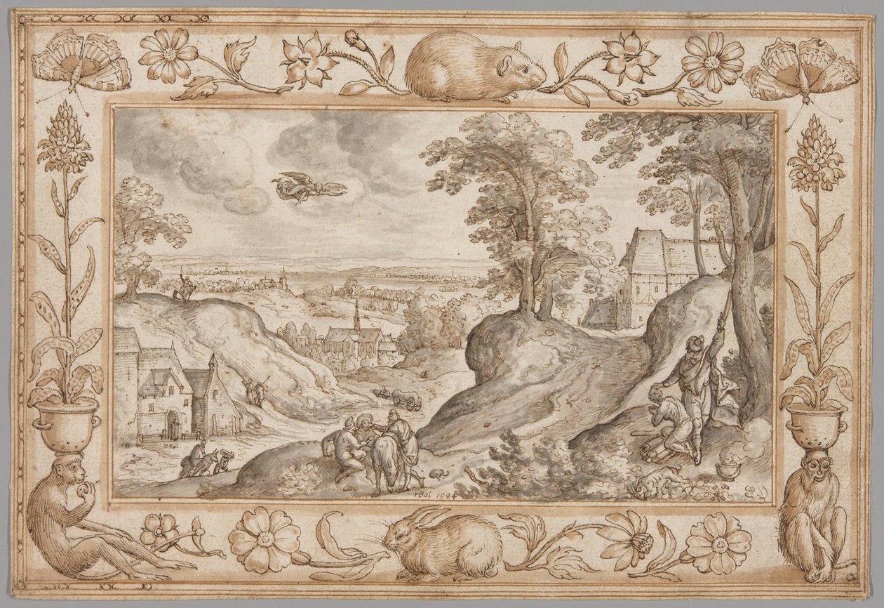 Paisaje con el sacrificio de Isaac dentro de un borde decorativo de plantas y animales de Hans Bol