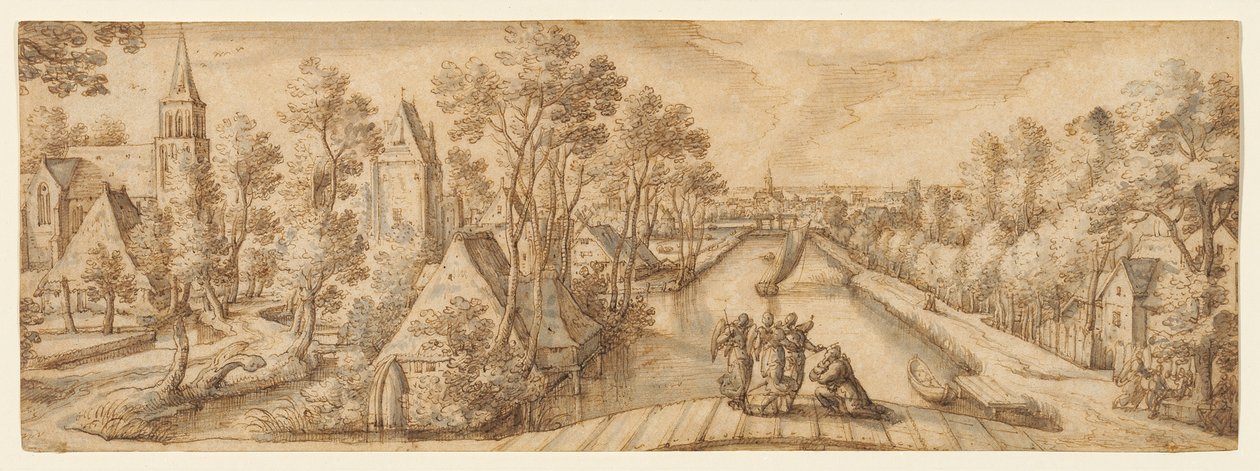 Vista de Delfgauw, con Abraham y los tres ángeles de Hans Bol