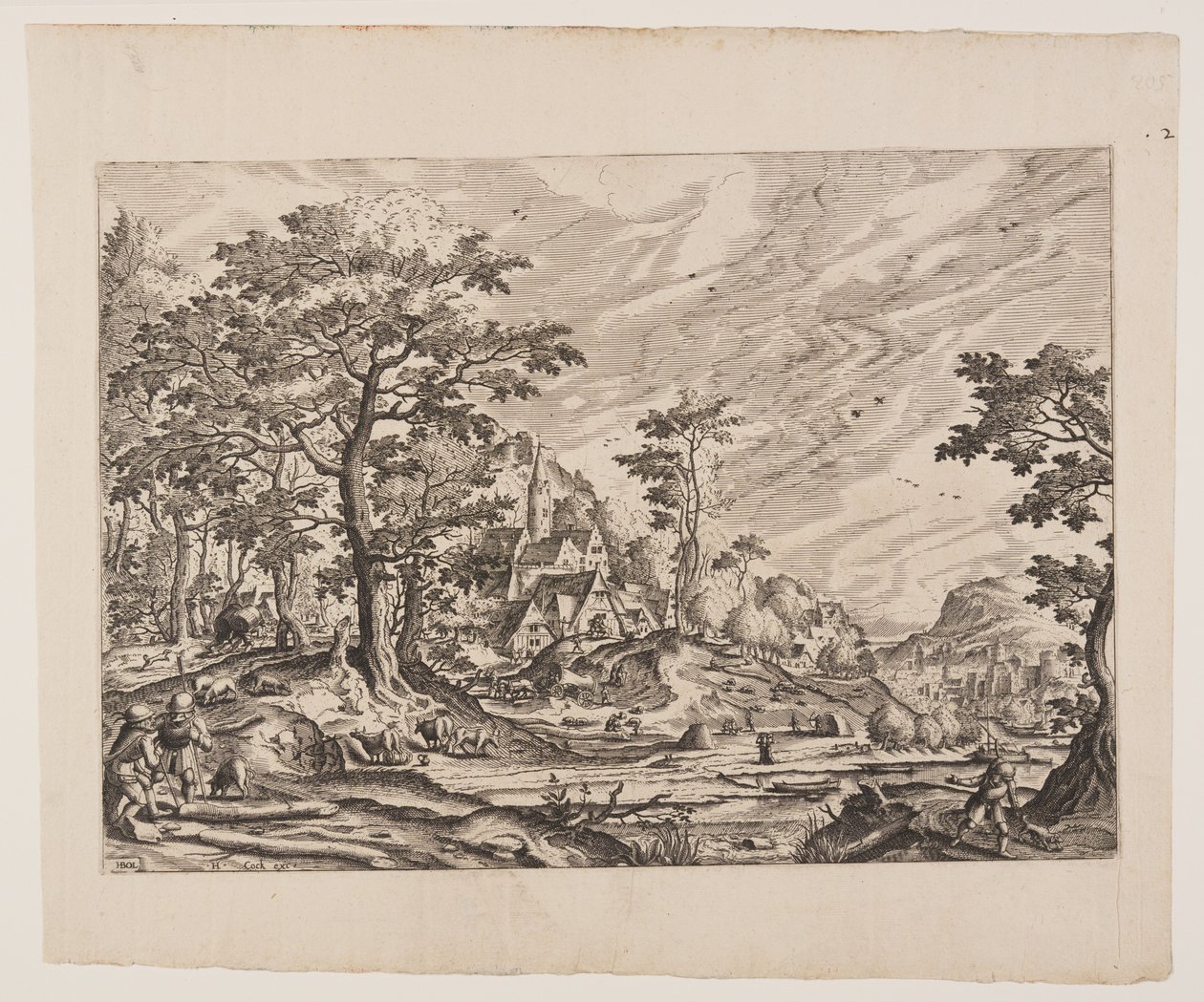 Vista de un pueblo, un hombre llevando una carretilla, lámina 8 de Paisajes con vistas de pueblos de Hans Bol