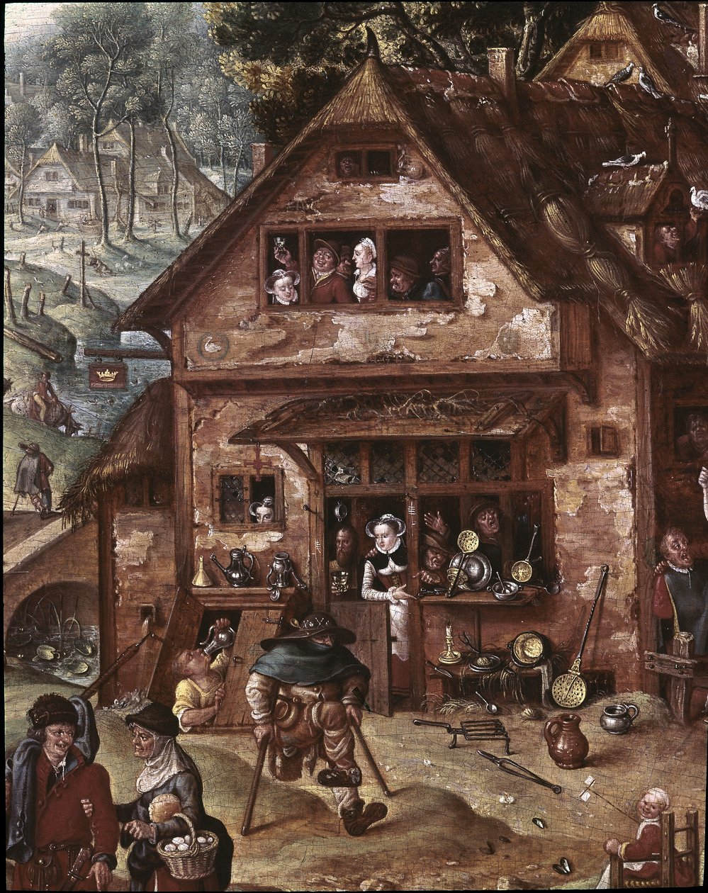 Vista del pueblo con escenas burlescas. Detalle de la taberna de Hans Bol