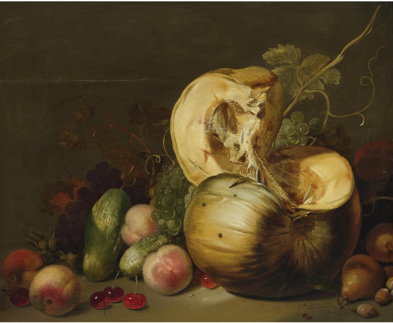 Naturaleza muerta con una calabaza, melocotones, uvas, cerezas y otras frutas de Hans Bollongier
