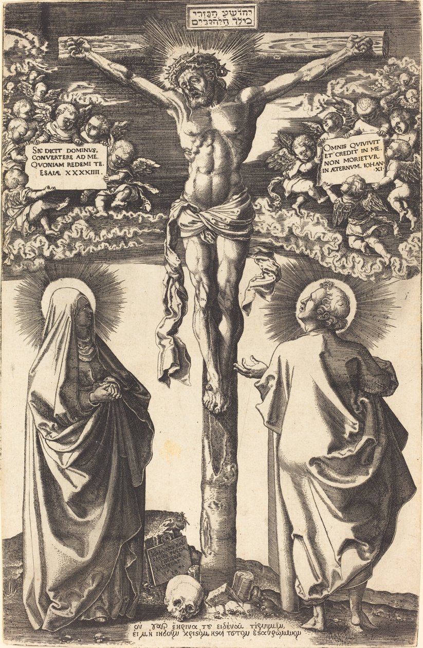 Cristo en la cruz con la Virgen y San Juan de Hans Brosamer