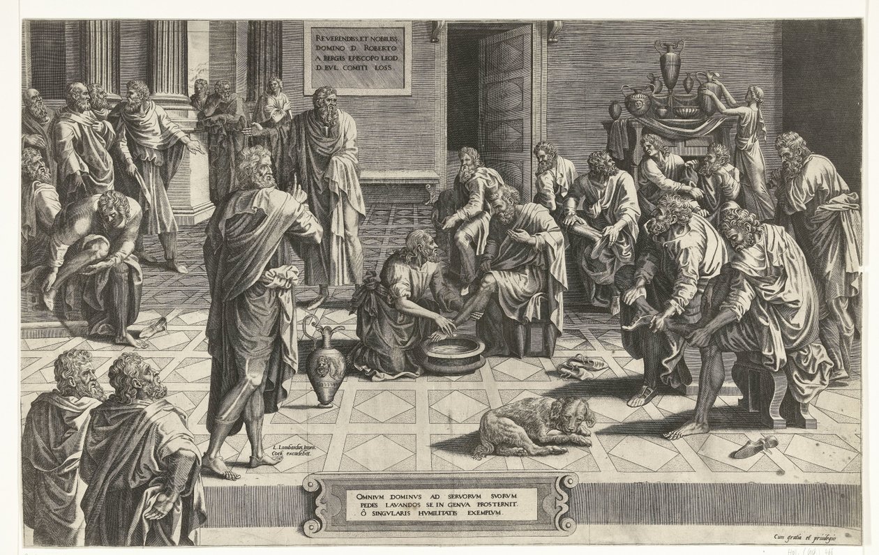 Cristo fue de voeten van de discipelen El Señor de todos se postra de rodillas para lavar los pies de sus siervos, ejemplo de singular humildad (título sobre objeto) de Hans Collaert (I) (attributed to)