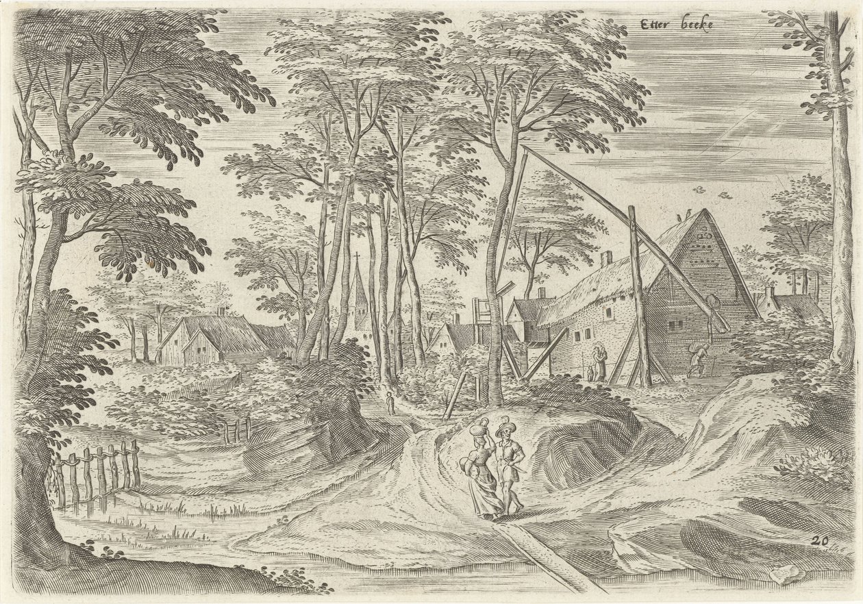 Vista de Etterbeek Etter Becke (título sobre el objeto) Lugares de interés del área de Bruselas (título de la serie) de Hans Collaert (I)
