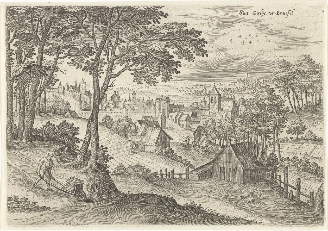 Vista de Saint-Gilles Sint Gielijs a Bruselas (título sobre objeto) Lugares de interés del área de Bruselas (título de la serie) de Hans Collaert (I)