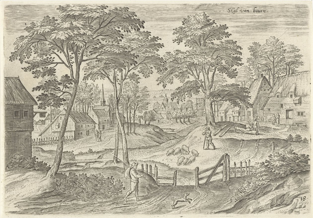 Vista del establo Robó desde arriba (título en el objeto) Lugares de interés del área de Bruselas (título de la serie) de Hans Collaert (I)