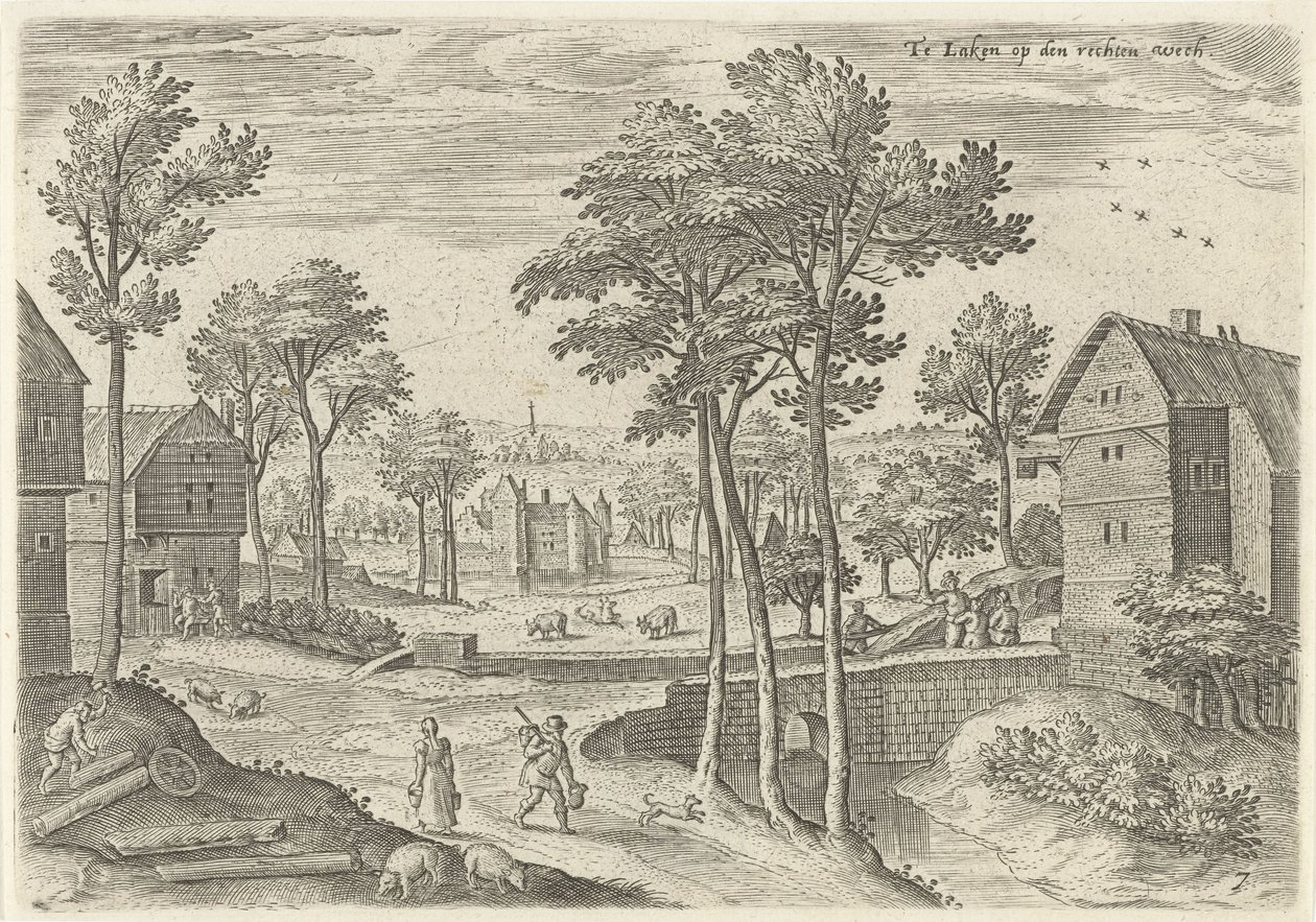 Vista de la calle principal de Laken En Laeken sobre los derechos wech (título sobre objeto) Lugares de interés del área de Bruselas (título de la serie) de Hans Collaert (I)