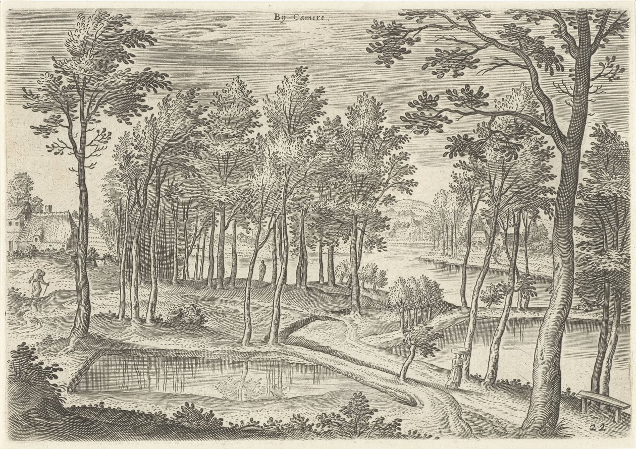 Vista de los estanques de La Cambre En Camere (título sobre el objeto) Lugares de interés del área de Bruselas (título de la serie) de Hans Collaert (I)