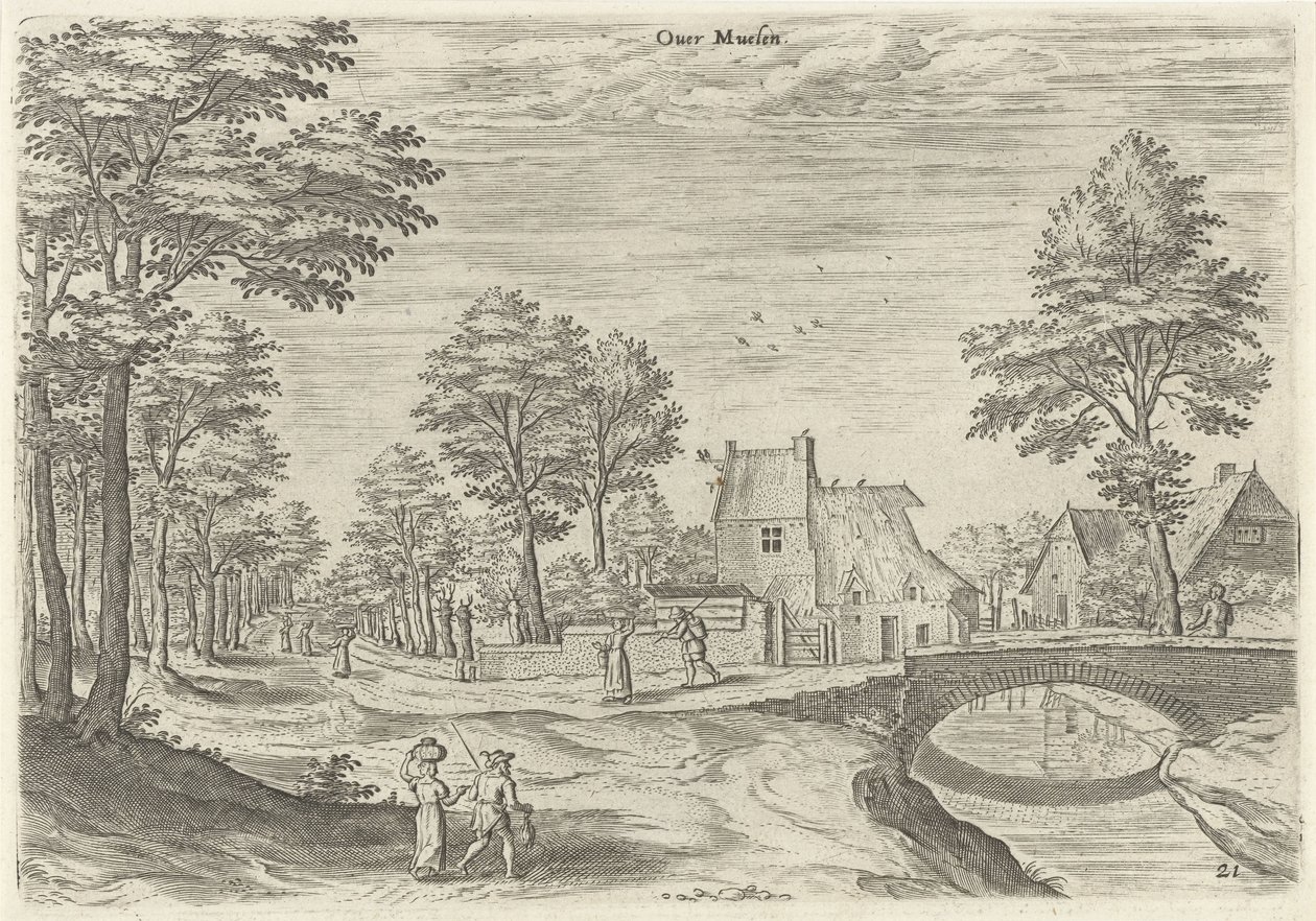 Vista del camino a la puerta de la ciudad de Bruselas Overmolen Acerca de Meulen (título en el objeto) Lugares de interés del área de Bruselas (título de la serie) de Hans Collaert (I)