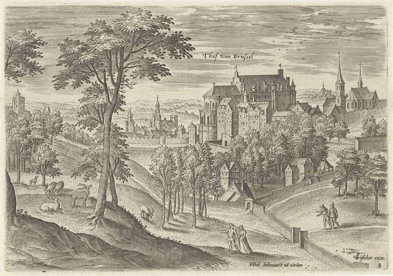 Vista del Tribunal de Bruselas Tribunal de Bruselas (título sobre objeto) Lugares de interés del área de Bruselas (título de la serie) de Hans Collaert (I)