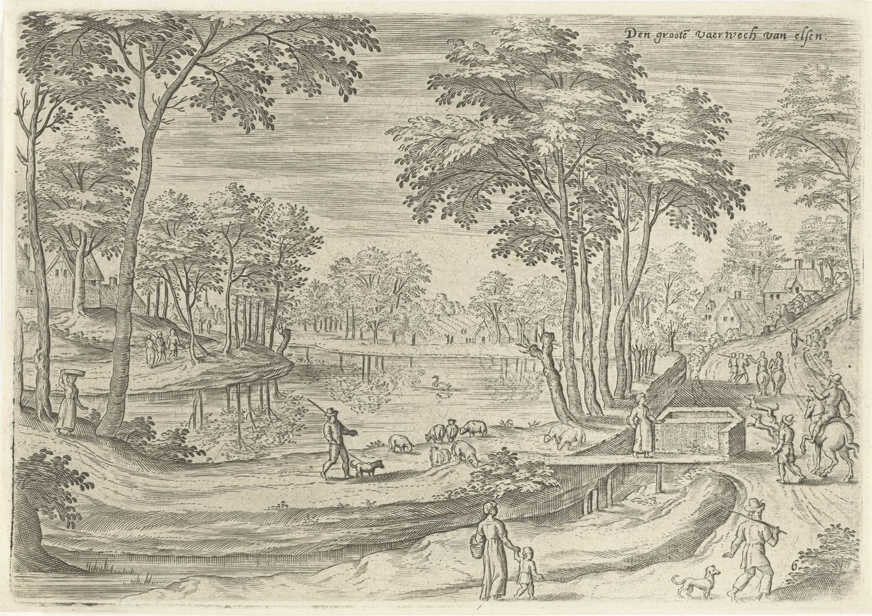 Vista del Canal de Ixelles El gran vaerwech van Elsen (título sobre objeto) Lugares de interés del área de Bruselas (título de la serie) de Hans Collaert (I)