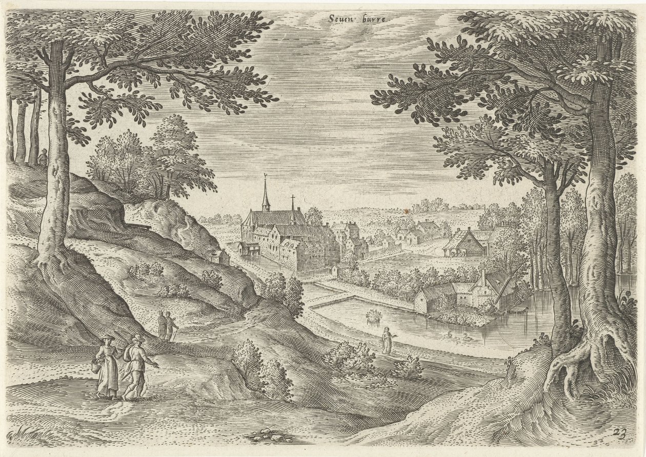 Vista del monasterio de Zevenborren Seuen burre (título sobre objeto) Lugares de interés del área de Bruselas (título de la serie) de Hans Collaert (I)
