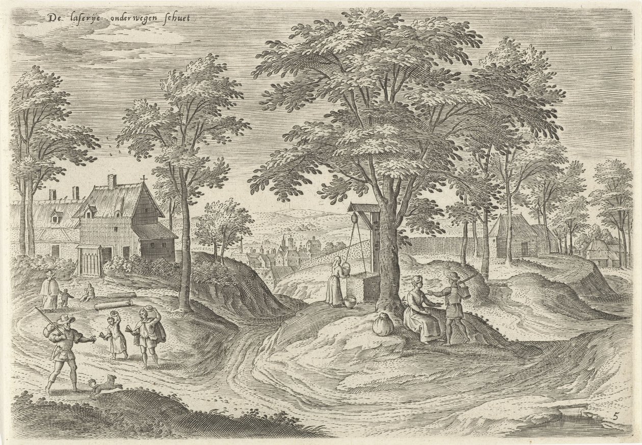 Vista de la leprosería de Scheut. El laserije en route schuet (título sobre objeto) Lugares de interés del área de Bruselas (título de la serie) de Hans Collaert (I)