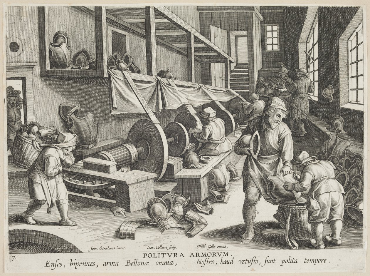 Politura Armorum (Pulido de Armas), lámina 17 de la serie Nova Reperta (Descubrimientos Modernos) c.1588 (grabado en papel verjurado) de Hans Collaert